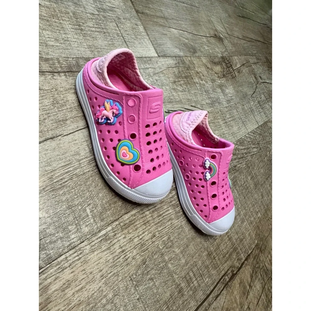 Skechers Foamies Kids Pink Unicorn Rainbow Heart Slip On Water Shoes Size 7